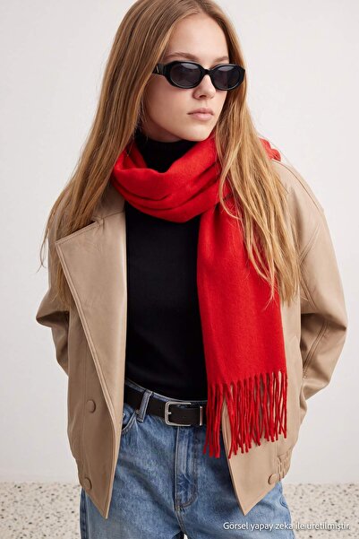 TRENDYOL SHOES Red Soft Textured Women's Tassel Scarf Takaw27At00002
