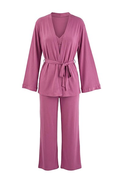 Trendyol Collection طقم بيجامة محبوكة من الفيسكوز السادة من داستي روز THMAW27...