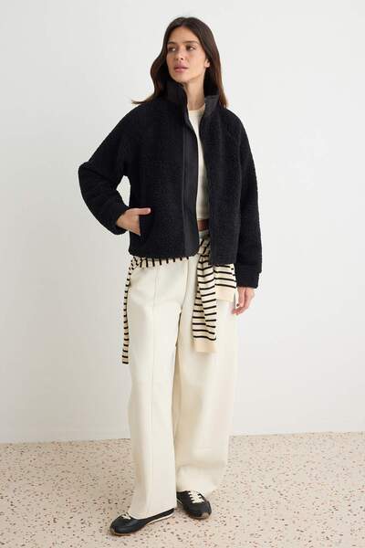 Trendyol Collection Black Plush Regular/Normal Fit Woven Garnished Zippered K...