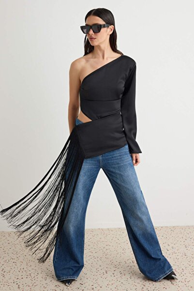 Trendyol Collection Black Long Tassel Asymmetric Collar Satin Blouse Tpraw27B...
