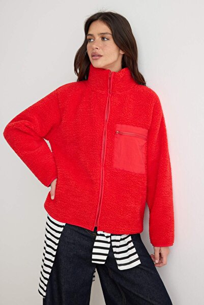 Trendyol Collection Winter Essentials Red Fleece Zipper Pocket Detailed Knitt...