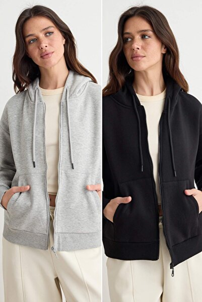 Trendyol Collection Gray Melange Black 2-Pack Oversize Hooded Knitted Cardiga...