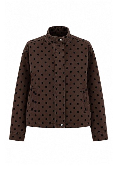 Trendyol Collection Brown Polka Dot Patterned High Collar Denim Jacket Twoaw2...