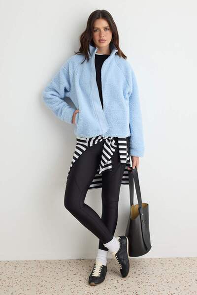 Trendyol Collection Light Blue Plush Regular/Normal Fit Woven Garnished Zippe...
