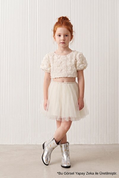 Le Mabelle Cream Rose Detailed Cropped Tulle Skirt Girls' Two-Piece Set - Sab...