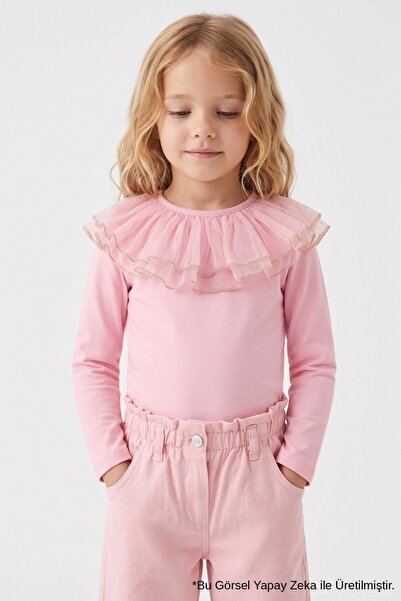 Le Mabelle Pink Glitter Detailed Tulle Collar Long Sleeve Girls' Blouse - Serena