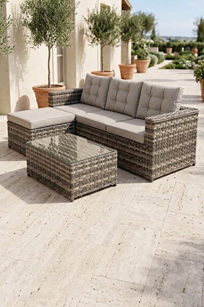 huteras Bahçe Köşe Takımı Rattan L Gri Daybed Şezlonglu Cam Sehpalı Minderli ...