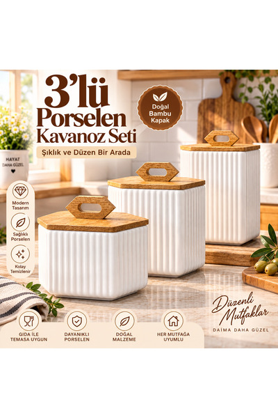 Kitchen Pembelia Porcelain Tea Sugar Salt Coffee Pulses Storage Jar with 3-Pi...