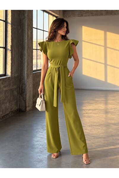 Modafeminen Kolları Fırfırlı Yuvarlak Yaka Kuşaklı Cepli Trend Tulum 582183 F...