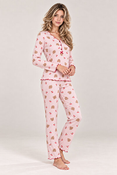 Starinci Kadın Pembe Ayıcık ve Kiraz Desenli Uzun Kollu Pijama Takımı