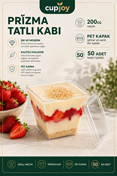 CupJoy Tatlı Kabı 200cc Kapaklı 50 Adet Şeffaf Plastik Tatlı Kabı