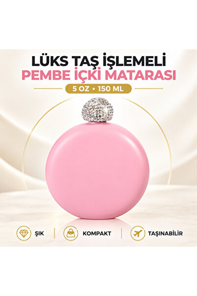 e-life shop Lüks Taş İşlemeli Pembe Paslanmaz Çelik İçki Matarası 5 Oz 150 ml...