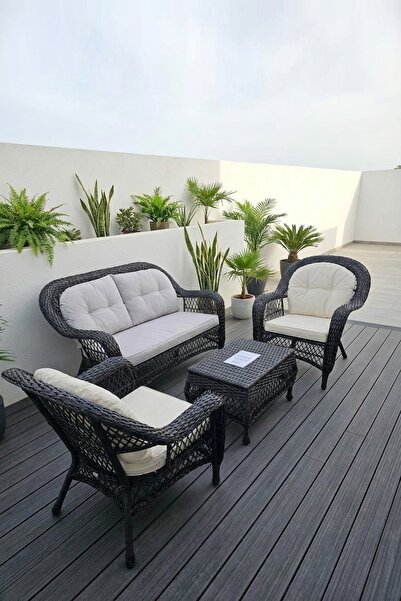 huteras Bahçe Oturma Grubu Rattan 4 Parça Siyah Kahve Savannah Çelik İskelet ...
