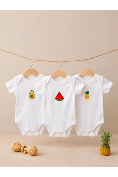 elibaby %100 Pamuk 3'lü Nakışlı Kısa Kollu Bebek Body Zıbın Seti (Avokado, Ka...