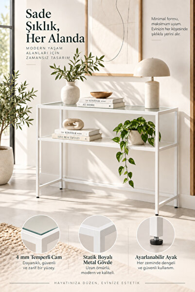 TOLIAHOME Modern 2 Katlı Beyaz Renk Metal İskeletli Cam Raflı Dresuar Konsol