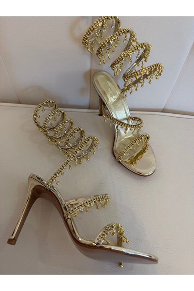 MYVOLANTE Women's Ankle-Wrapped Gold Heeled Shoes with Stone Detail Accessories