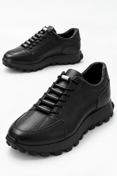 FV005 Erkek Siyah Bağcıklı Günlük Hakiki Deri Kalın Taban Casual Sneaker Ayakkabı