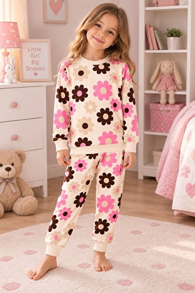 Kız Çocuk Pamuklu Krem Rengi Çiçek Desenli Uzun Kollu Mevsimlik Pijama Takımı