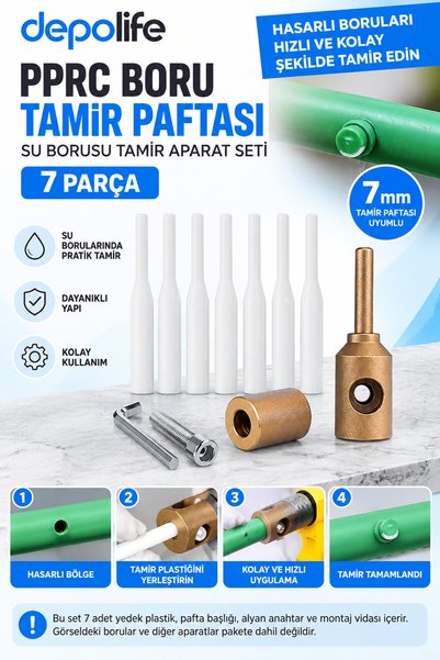 Depolife Pprc Boru Tamir Paftası Pvc Plastik Su borusu Tamir Aparat Seti 7 Pa...