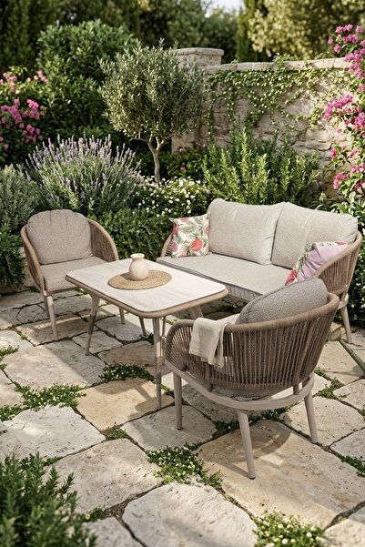huteras Bahçe Oturma Grubu Rattan 2+1+1 Krem Cozy Midi Halat Örgü Cam Sehpalı...
