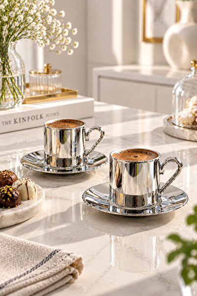 YzHome 2 Li Porselen Kaplama Yaldızlı Kahve Fincan Takımı Seti 90ml