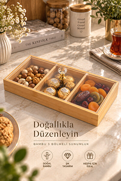 YzHome Bambu 3 Bölmeli İkramlık Organizer Masa ve Çekmece İçi Düzenleyici Tak...