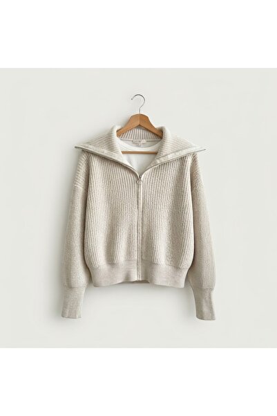 FLEX FASHION kadın esnek örgü trend fermuarlı devrik yaka popüler triko hırka