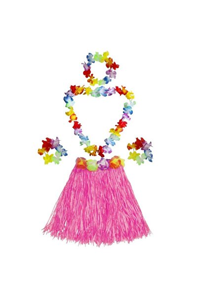 partidolu Setli Yetişkin Çocuk Uyumlu Hawaii Eteği Pembe Renk 40 cm