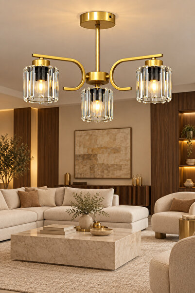 ESSLİGHT Asel 3’lü Eskitme Plafonyer Kristal Taşlı Avize Salon Mutfak Yatak O...