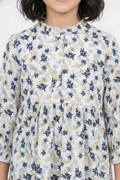 piamini Patterned Vintage Girl's Leaf Pattern Woven Dress