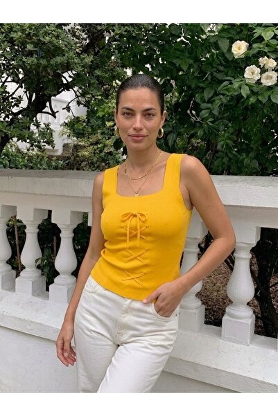onno style women KOLSUZ ASKILI KARE YAKA BAĞCIK DETAYLI TRİKO KADIN BLUZ