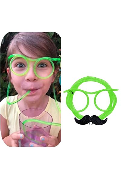 partidolu Pipetli Bıyıklı Straw Glasses İçecek Gözlüğü Yeşil Renk