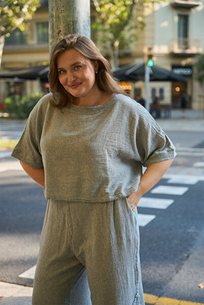İKİKIZ Crinkle Linen Boat Neck Blouse