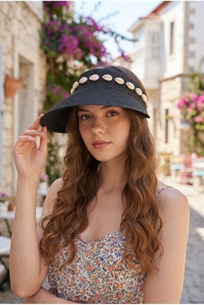 İncilaPearla Women's Black Straw Seashell Detailed Adjustable Crown Model Sum...