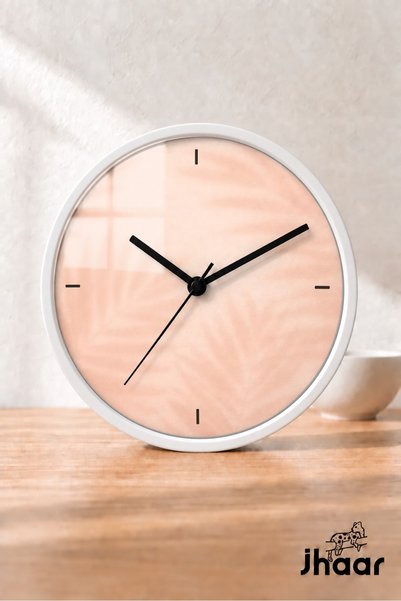 JHAAR Beige Leaf Texture Modern Wall Clock - Medium Size 25 cm - White Case -...
