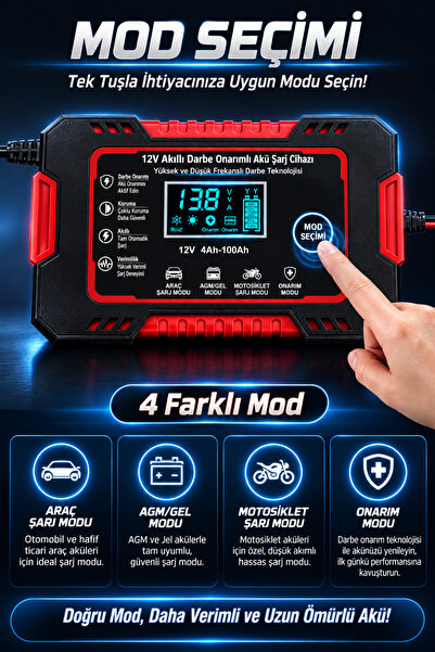 Arfseb 12V 6A Akıllı Akü Şarj Cihazı Araba Motosiklet LCD Ekran Pulse Onarım Tam Otomatik