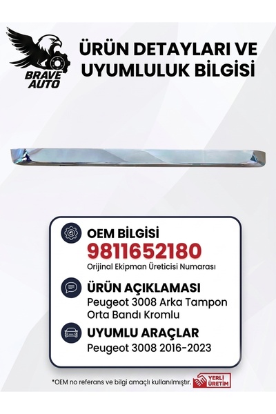 Peugeot 3008 Arka Tampon Orta Bandı Kromlu 9811652180