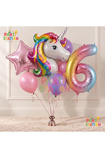 Parti Station Unicorn Gökkuşağı 6 Yaş Folyo Balon Set Konsept Doğum Günü Set ...