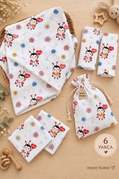MORE HOME 100% Cotton Multi-Purpose Muslin Baby Muslin Set 6 Pieces Ladybug