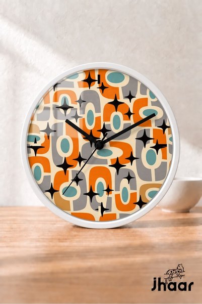 JHAAR Orange Gray Retro Shapes Modern Wall Clock - Medium Size 25 cm - White ...