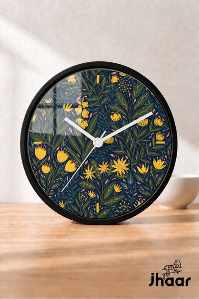 JHAAR Navy Blue Yellow Botanical Patterned Modern Wall Clock - Medium Size 25...