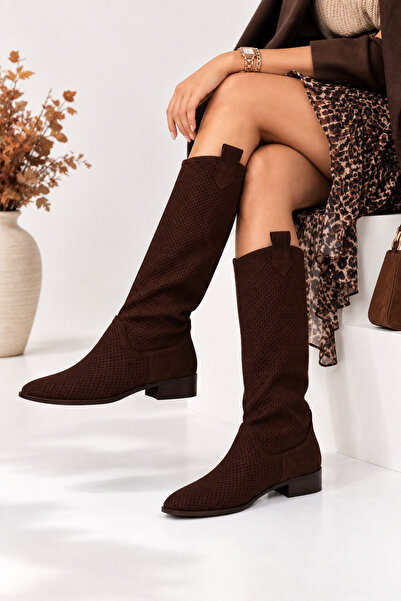 POTEEN Eliz Women's Short Heel Suede Laser Cut Perforated Summer Boots