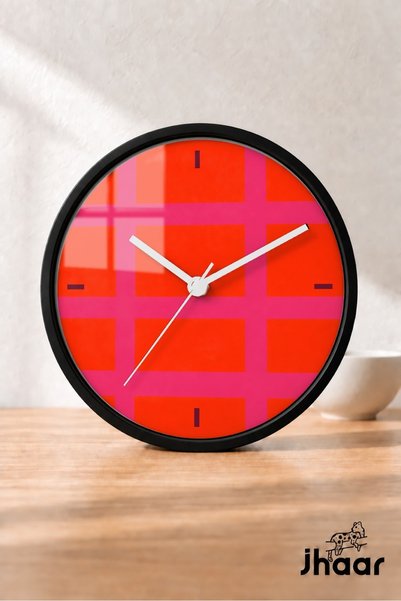 JHAAR Red Pink Checkered Modern Wall Clock - Medium Size 25 cm - Black Case -...