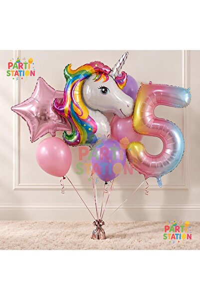 Parti Station Unicorn Gökkuşağı 5 Yaş Folyo Balon Set Konsept Doğum Günü Set ...