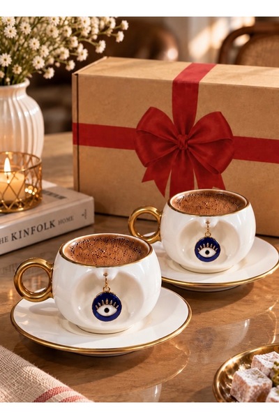 Yumuk Shop Nazar 2 Kişilik Şans Charmlı Özel Kutulu Gold Detaylı Kahve Fincan...