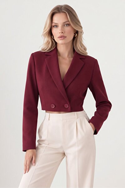 Saade Bordo Kadın Regular Fit Kruvaze Kapama Dokuma Crop Blazer Ceket -Şık & ...