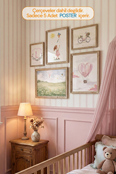 leilart 5'li Kız Bebek Odası Poster Seti - Pembe Kalpli Balon ve Çiçekli Bisi...