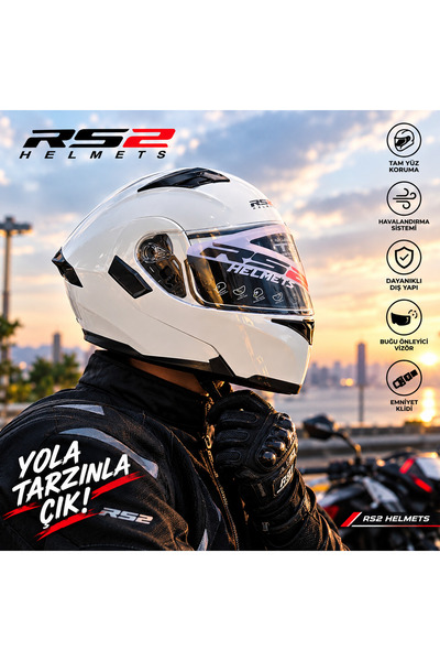 RS2 JK902 BEYAZ ÇENE AÇILIR MOTOSİKLET KASKI (ECE BELGELİ)