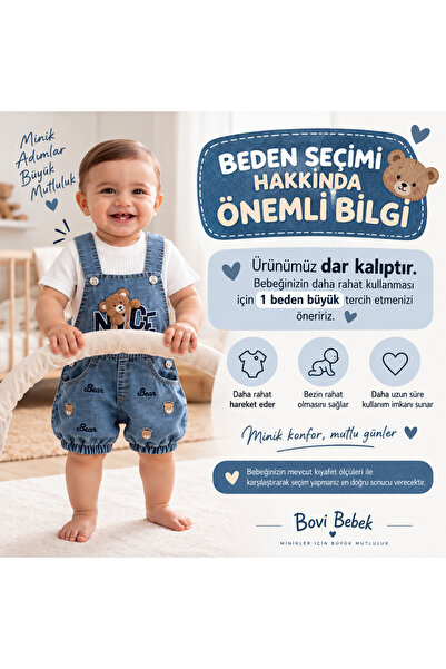 Genel Markalar Erkek Bebek Ayıcık Nakışlı Kot Şort Salopet Tişört 2'li Takım