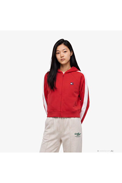 Tommy Hilfiger Badge Track Hood Kadın Kırmızı Sweatshirt
